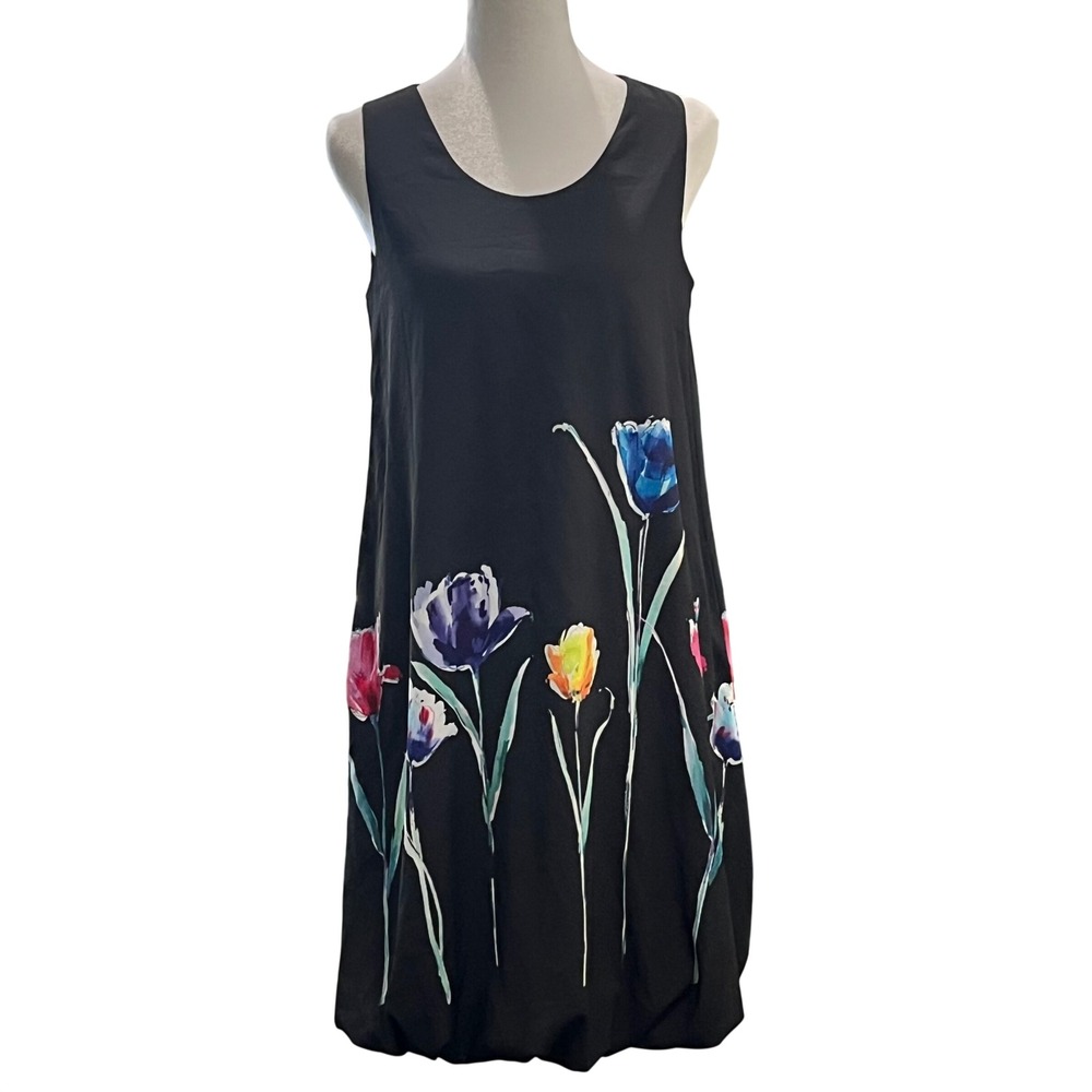 Samuel Dong Floral Bubble Hem Dress Womens XS Black Tulip Print Sleeveless
